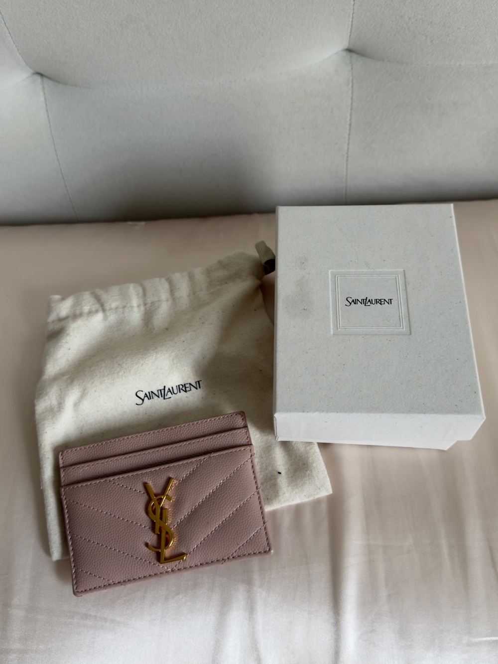 Yves Saint Laurent Pink Chevron Leather Card Holder with Gold YSL Logo